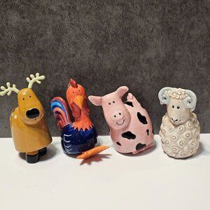 Set Of 4 Ceramic Animal Ornaments  Deer Rooster Cow Sheep Farm Christmas Decor